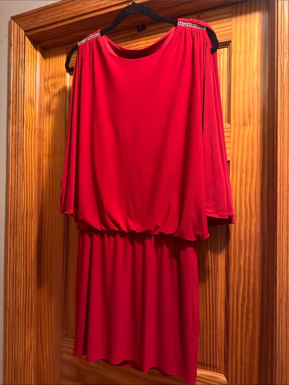Cache Red Blouson Mini Dress with Shoulder Accents